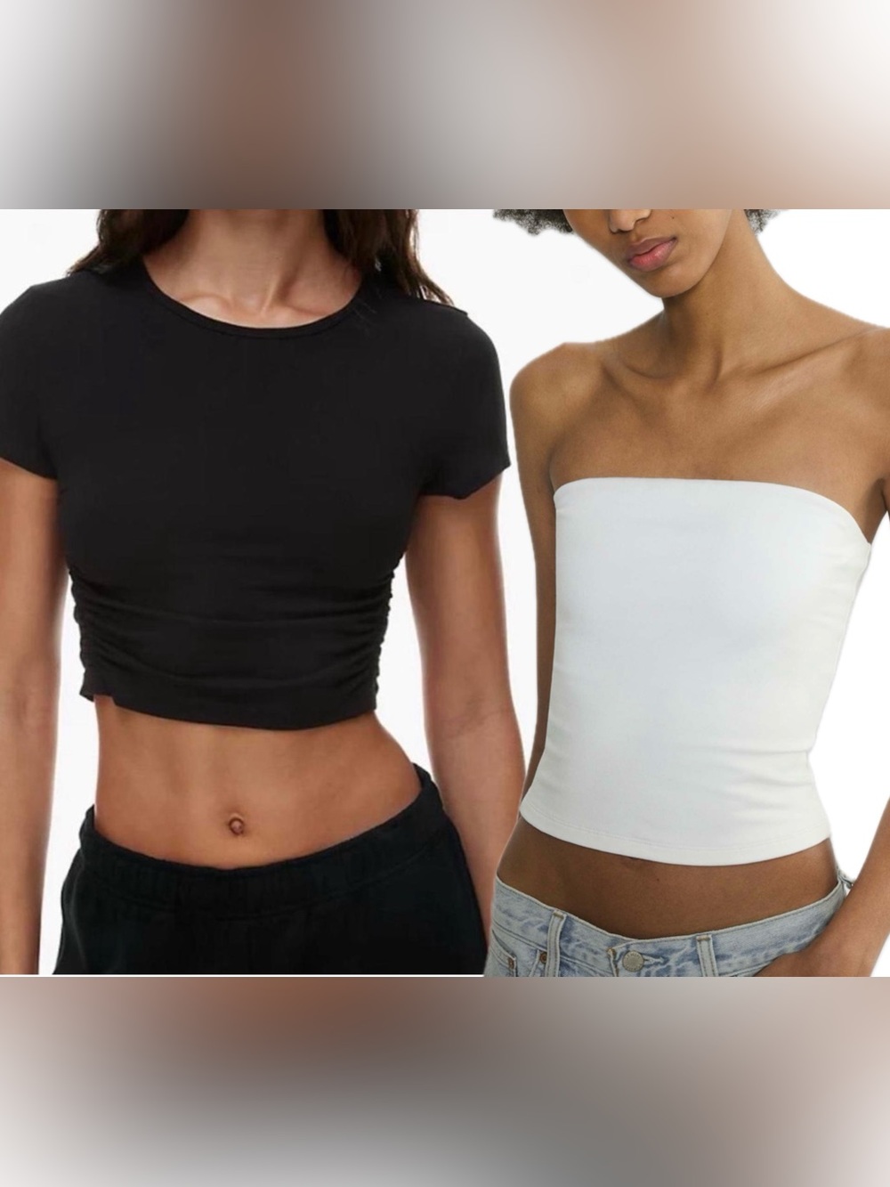 TNA Aritzia Black Ruched Crop Tee & White Strapless Tube Top bundle Large
